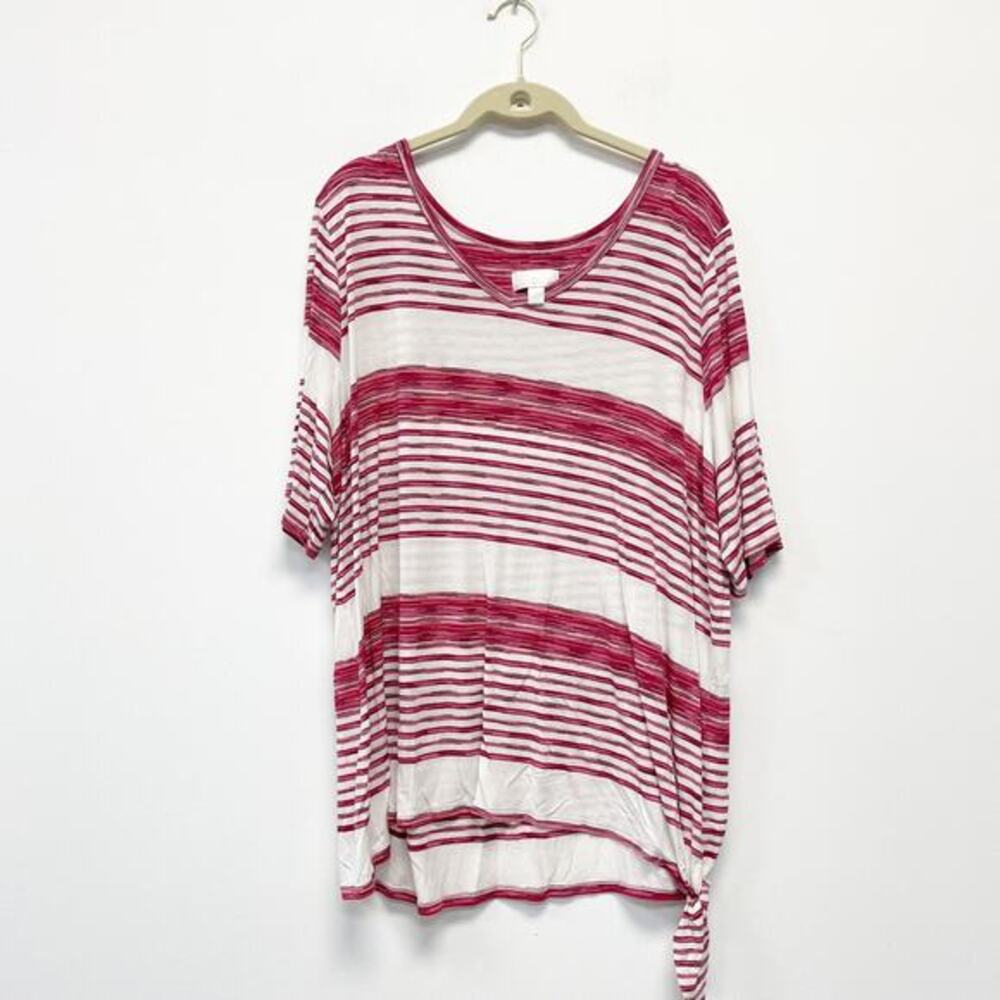 Belle by Kim Gravel Women's XL Red White Stripe V Neck Lightweight Tie Hem Shirt
